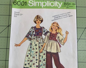 Vintage Simplicity Girl's Caftan Top or Dress Pattern 6001 size 8 1973 Sewing original uncut