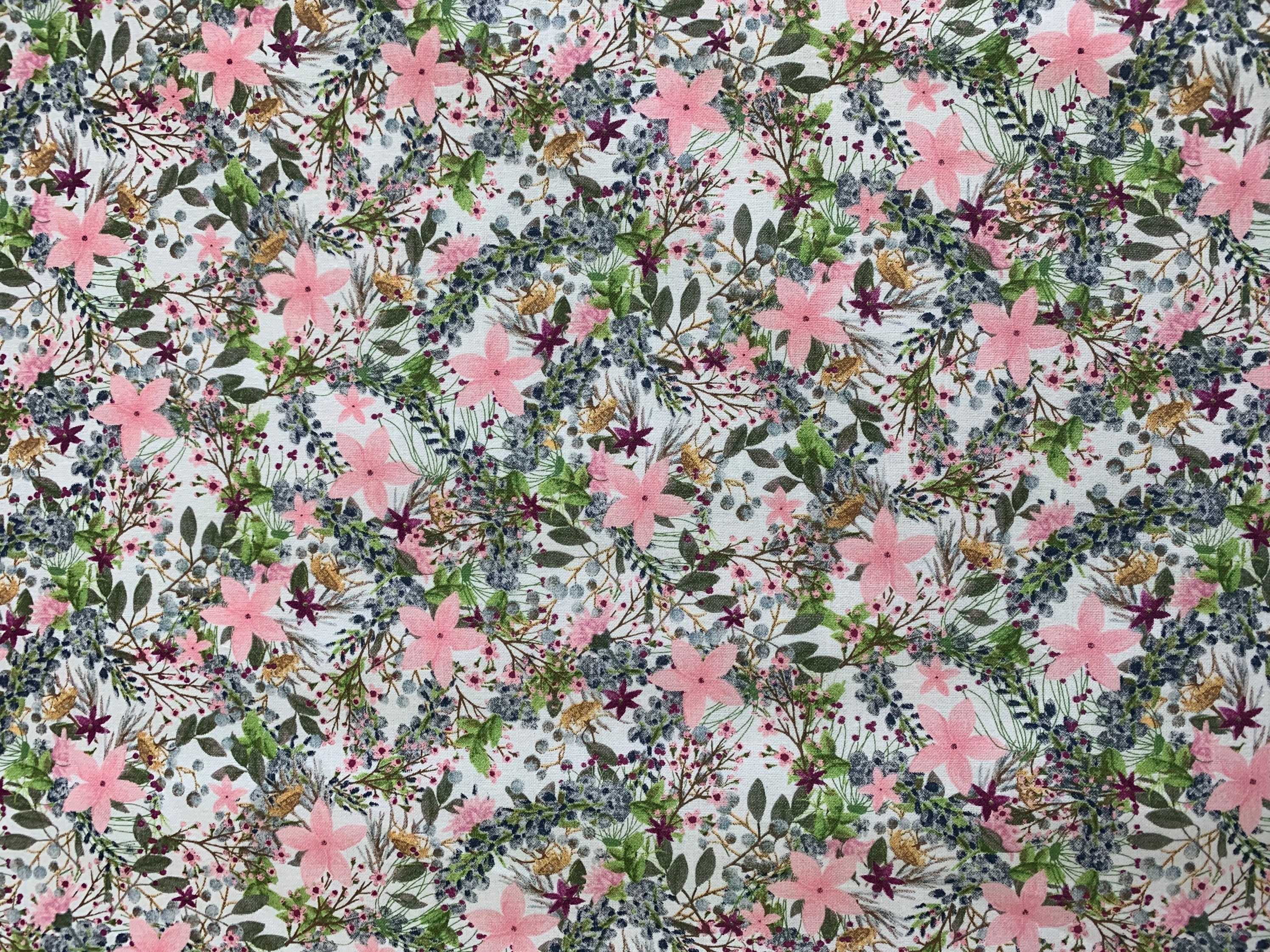 ＪＵＮ Pink Floral 100% Cotton Quilt Material Touch of Spring Beth