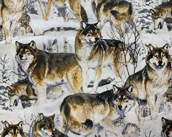 May include: Textile featuring a repeating pattern of wolves in a snowy forest setting. The wolves are rendered in shades of brown, grey, and white, with detailed fur and expressive faces. The background includes bare trees and a snowy landscape.
