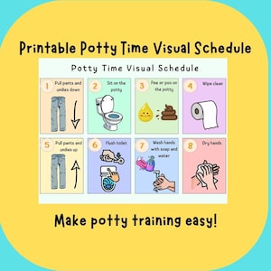 May include: A visual potty training schedule with eight illustrated steps, including pulling down pants, sitting on the potty, and washing hands. The text reads "Printable Potty Time Visual Schedule" and "Make potty training easy!"