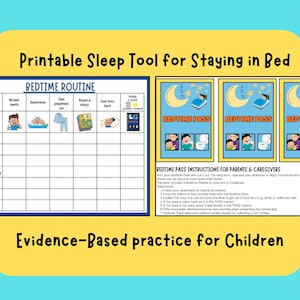 May include: A printable sleep tool for children, featuring a bedtime routine chart and bedtime passes. The chart includes spaces for brushing teeth, bathing, getting pajamas on, reading a story, and getting into bed. The image also includes instructions for parents and caregivers.