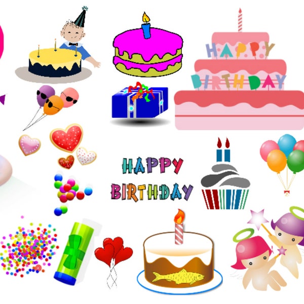 500+ Happy Birthday clipart commercial use, graphic set, vector graphics, birthday cake, Gifts, balloons, cute clipart, party image