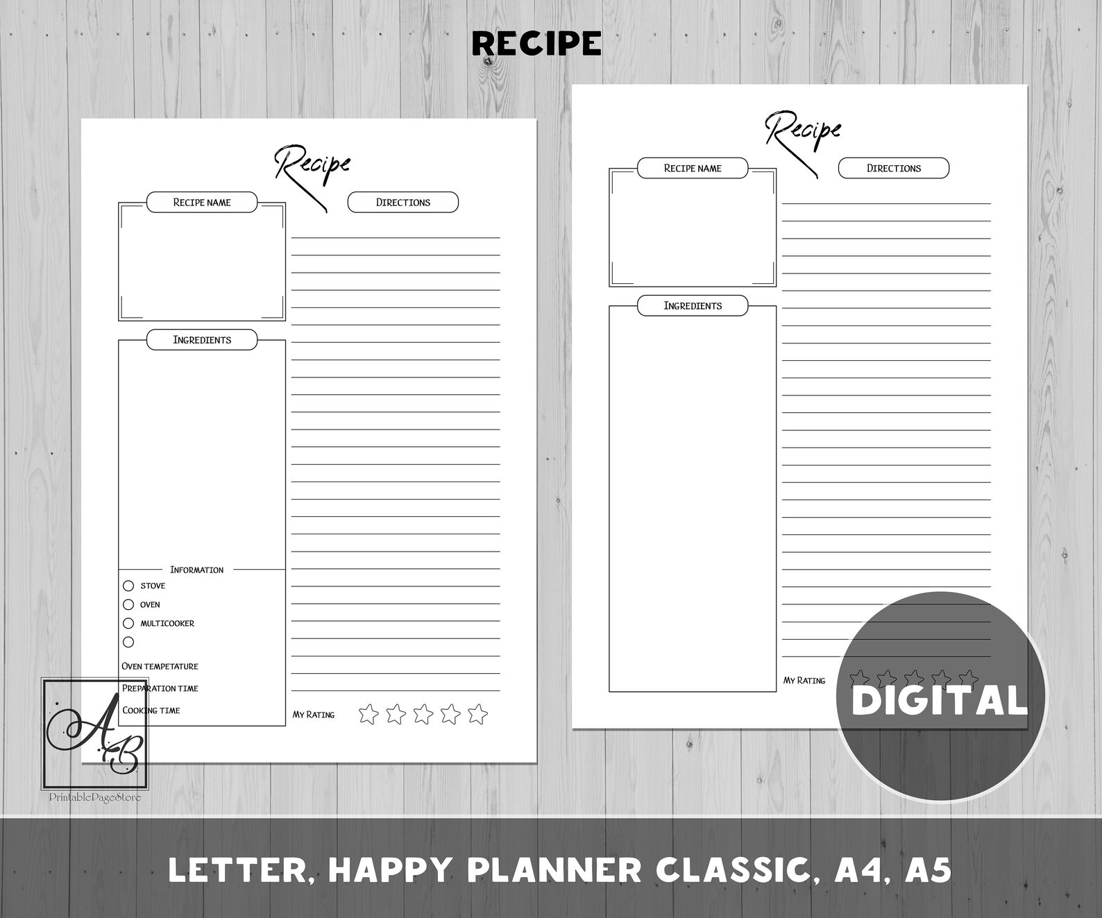 Recipe Page Template Printable Recipe Journal Etsy
