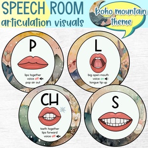 Visuais de boca de articulação de montanha Boho para impressão para parede ou quadro de avisos decoração de sala de terapia de fala | Decoração Funcional SLP | Dicas Artísticas