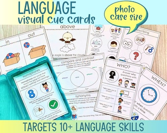 May include: A set of colorful visual cue cards for language skills, featuring terms like "above", "in", "out", "homophones", "compare and contrast", "synonyms", "who", "when", "describing", "setting", "character", "goal", "problem", and "details". The cards are designed for use with children and are printed on white cardstock.