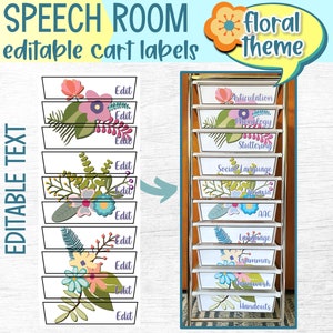 Texto editável com tema floral para impressão, 10 etiquetas de carrinho de rolamento de gaveta | Decoração de sala de fonoaudiologia SLP | Organização de fornecimento de sala de aula