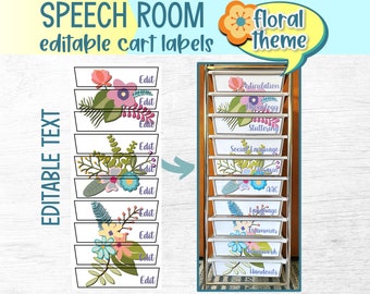Floral Rolling Cart Labels | Editable Speech Therapy Room Decor (Digital Download)