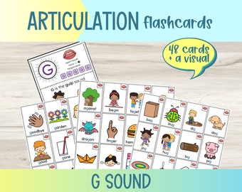 May include: A set of 48 articulation flashcards featuring illustrations of various objects and actions, each starting with the letter "G". The cards are designed to help children learn the "G" sound. The set also includes a visual guide showing the correct mouth position for making the "G" sound.
