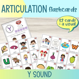 Flashcards imprimables d'articulation sonore en Y | Orthophonie | Cartes illustrées d'articulation | Cartes Flash Drill | Médiale initiale