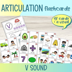 Flashcards imprimables d'articulation sonore en V | Orthophonie | Cartes illustrées d'articulation | Cartes Flash Drill | Initiale Médicale Finale