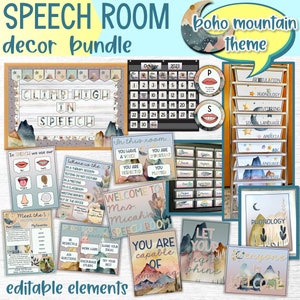 Printable Boho Berg Logopädie Raum Dekor Bundle | Pinnwand Poster Türschilder Etiketten Kalender Überschrift | SLP Schulanfang