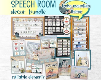 Printable Boho Mountain Speech Therapy Room Decor Bundle | Bulletin Board Posters Door Signs Labels Calendar Headers | SLP Back to School