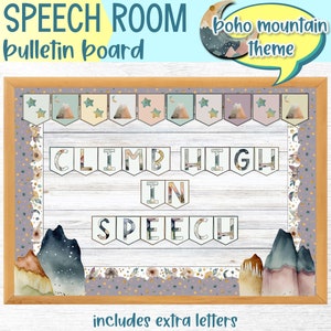 Printable Boho Mountain Theme Welcome to Speech Bulletin Board | SLP Speech Therapy Room Decor | Border and Door Sign | Plus Extra Letters