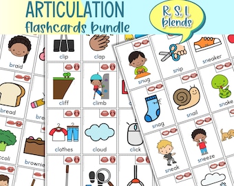 May include: A set of colorful flashcards featuring illustrations of various objects and the words "ARTICULATION flashcards bundle" and "R, S, L blends" at the top. The flashcards are designed to help children learn to pronounce words with specific consonant blends.