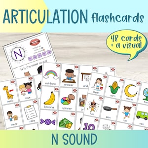 Flashcards imprimables d'articulation du son N | Orthophonie | Cartes illustrées d'articulation | Cartes Flash Drill | Initiale Médicale Finale