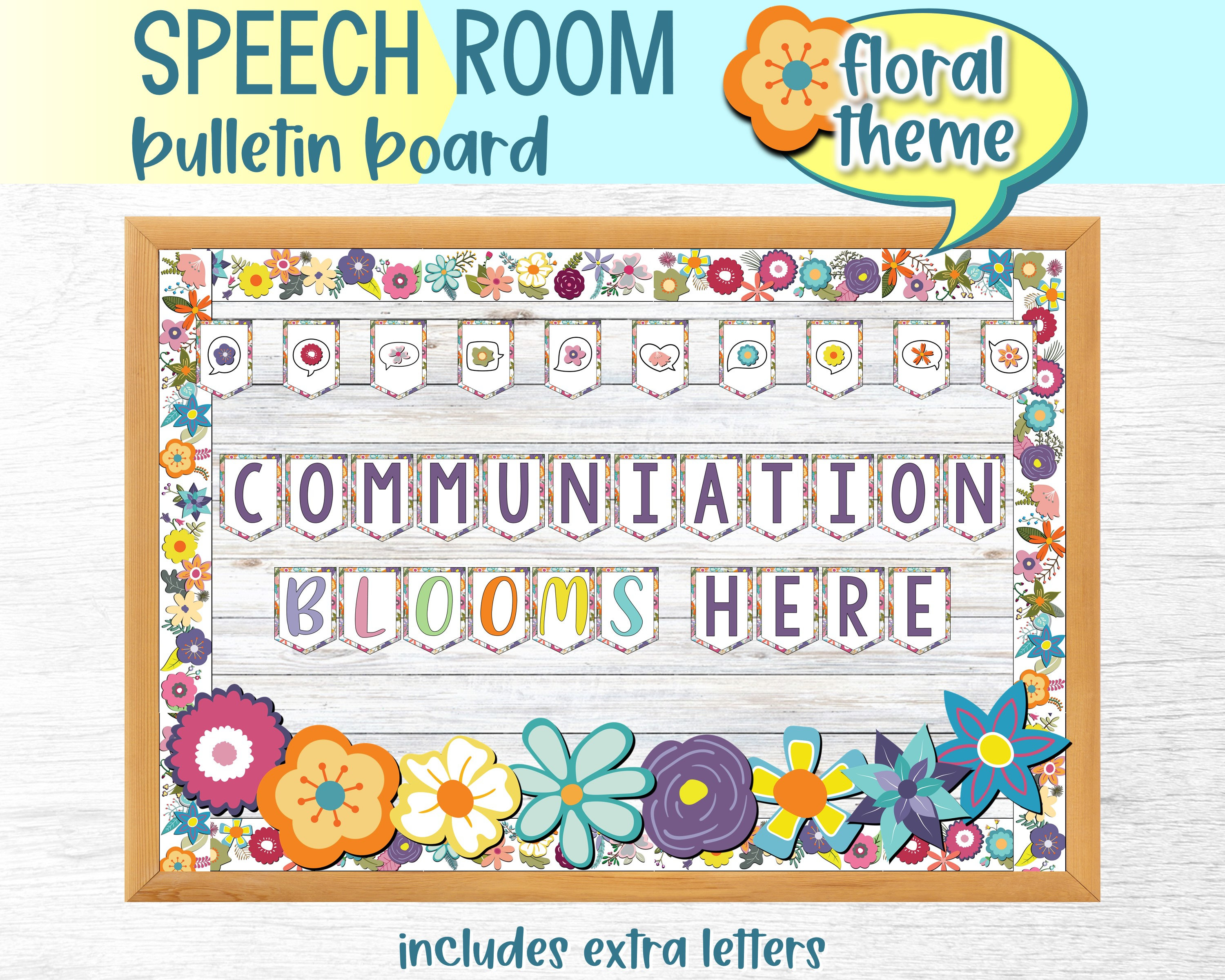Printable Floral Theme Welcome to Speech Bulletin Board | SLP Speech Therapy Room Decor | Border and Door Sign | Extra Letters & Flowers
