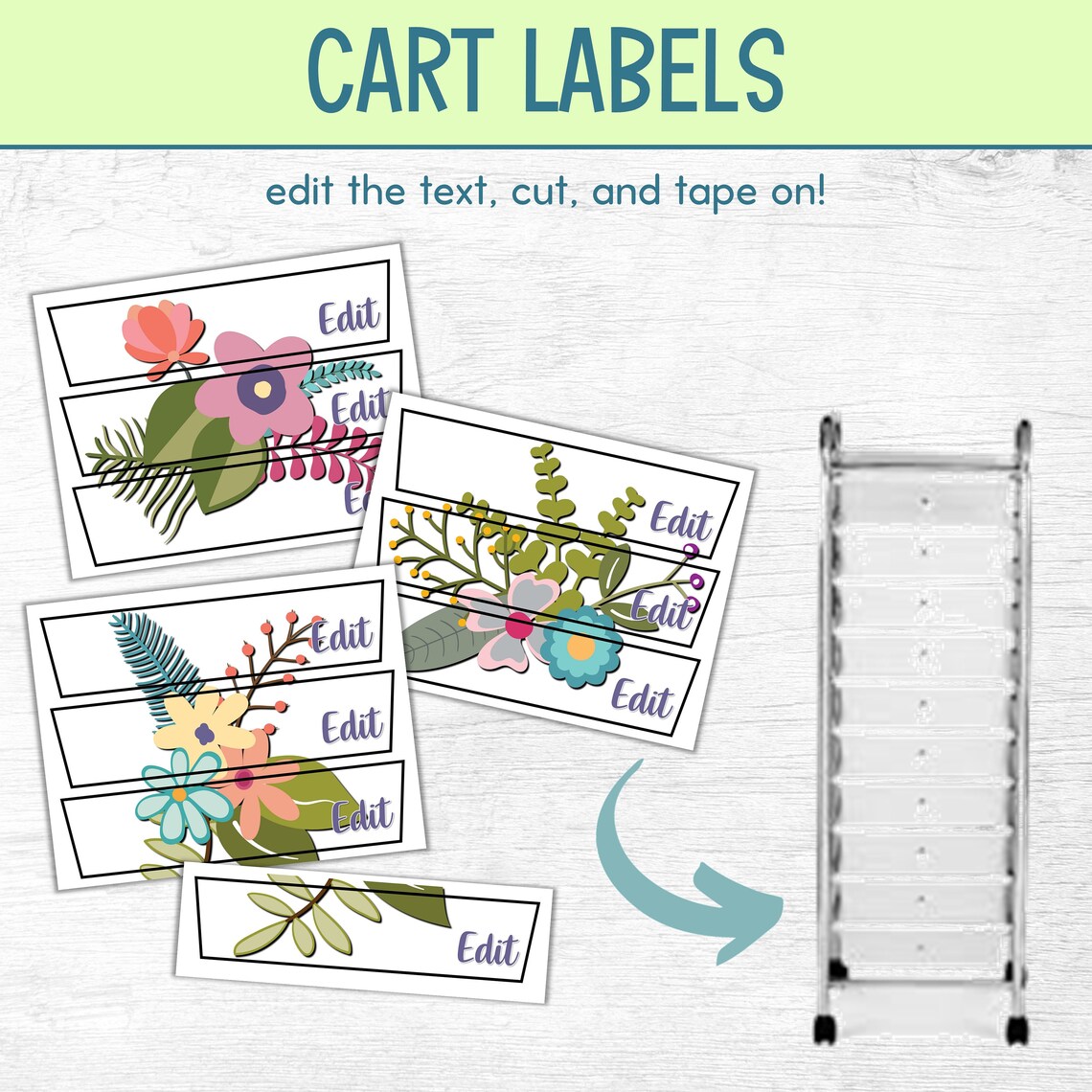 Printable Floral Theme Editable Text 10 Drawer Rolling Cart Labels ...