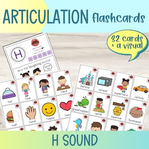 Flashcards imprimables d'articulation sonore en H | Orthophonie | Cartes illustrées d'articulation | Cartes Flash Drill | Médiale initiale