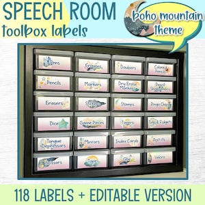 May include: A set of 18 colorful labels for a speech room toolbox. The labels feature a boho mountain theme with watercolor-style illustrations. The labels are printed on white paper and have a variety of speech therapy tools listed, such as pens, pencils, markers, and more.