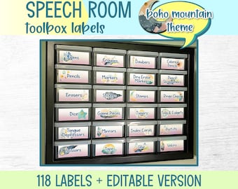 Etiquetas para la caja de herramientas de terapia del habla con temática de montaña bohemia / 118 etiquetas prediseñadas o editables (descarga digital)