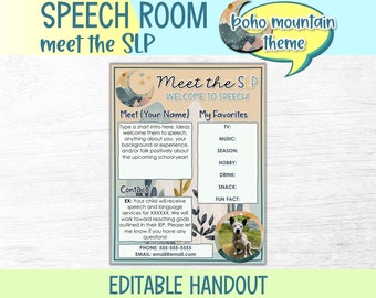 Boho Mountain Meet the SLP or Teacher Handout | Editable Speech Therapist Introduction (Digital Download)