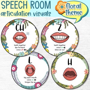 Imágenes de boca de articulación de tema floral imprimibles para pared o tablón de anuncios Decoración de sala de terapia del habla / Decoración funcional SLP / Señales árticas