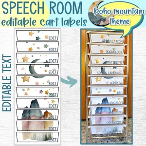 Afdrukbare Boho Mountain bewerkbare tekst Labels met 10 laden rollende kar | SLP Logopedie kamerdecoratie | Organisatie voor klasbenodigdheden