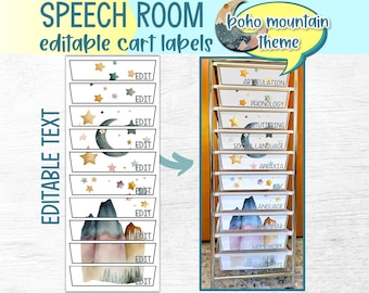 Boho Mountain Rolling Cart Labels | Editable SLP Room or Classroom Decor (Digital Download)