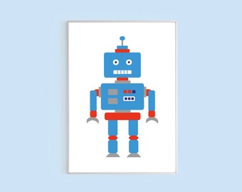 Robot print, blue robot print, boys robot print, bedroom robot print, playroom print