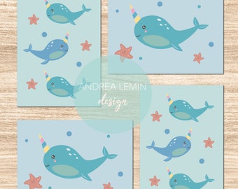 Narwhal postcards, pack of 4