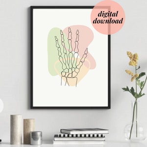 Puede incluir: Una descarga digital de una ilustración de línea de arte de un esqueleto de mano con formas abstractas pastel rosa, verde y amarillo en el fondo.