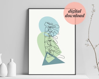 May include: Line art illustration of a cervical spine with abstract shapes in blue, green, and teal colors. The image is a digital download.