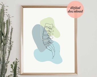May include: Line art illustration of a human spine with blue, green, and yellow abstract shapes in the background.