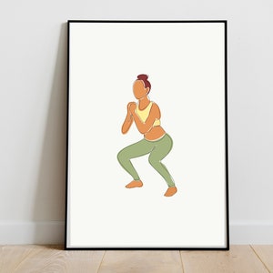 May include: Line art illustration of a person in a yellow tank top and green pants doing a squat exercise.