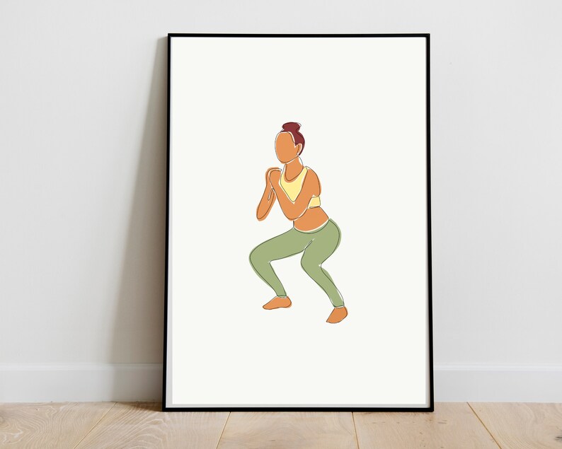 May include: Line art illustration of a person in a yellow tank top and green pants doing a squat exercise.