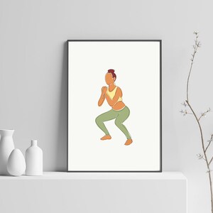 May include: Line art illustration of a person in a yellow tank top and green pants doing a squat exercise.