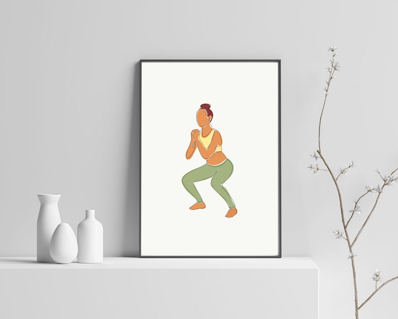 May include: Line art illustration of a person in a yellow tank top and green pants doing a squat exercise.