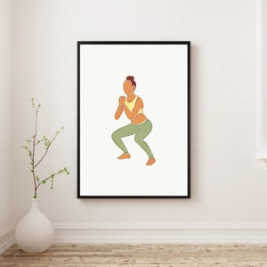 May include: Line drawing of a person in a yellow tank top and green pants doing a squat exercise.