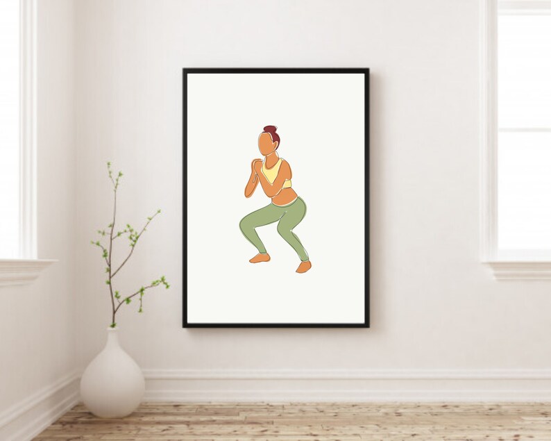 May include: Line drawing of a person in a yellow tank top and green pants doing a squat exercise.