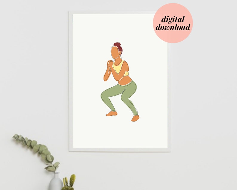 May include: Line art illustration of a person in a green and yellow outfit performing a squat exercise.