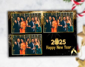 Plantilla de fotomatón de Año Nuevo, diseño de 4 x 6: Feliz año nuevo 2025, fiesta de Nochevieja 2025, superposición de fotomatón de Feliz Año Nuevo, cabina con espejo