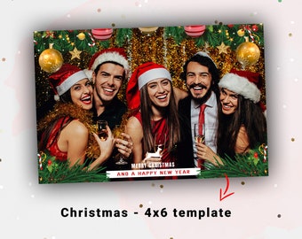 May include: A Christmas photo booth template with a festive green and gold background. The template features a reindeer, ornaments, and the text "Merry Christmas and a Happy New Year".