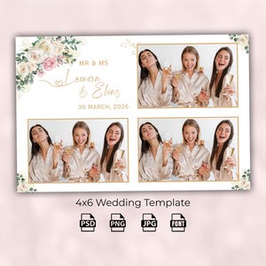 Puede incluir: Una plantilla de cabina de fotos de boda 4x6 con un diseño floral y detalles dorados. La plantilla tiene cuatro ranuras para fotos e incluye el texto "MR & MS Leonora & Elias 30 MARCH, 2026".