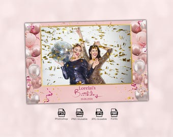 Photo Booth Template, Birthday 4x6 Photobooth Template, Gold & Pink Frame Birthday Photobooth Design, 4x6 Size Layout Photo Booth Overlay
