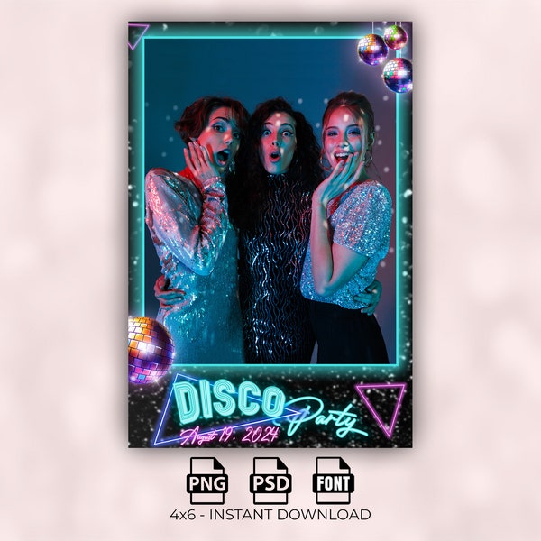 Sjabloon Disco Neon Photo Booth: 4 x 6 overlay (digitale download)