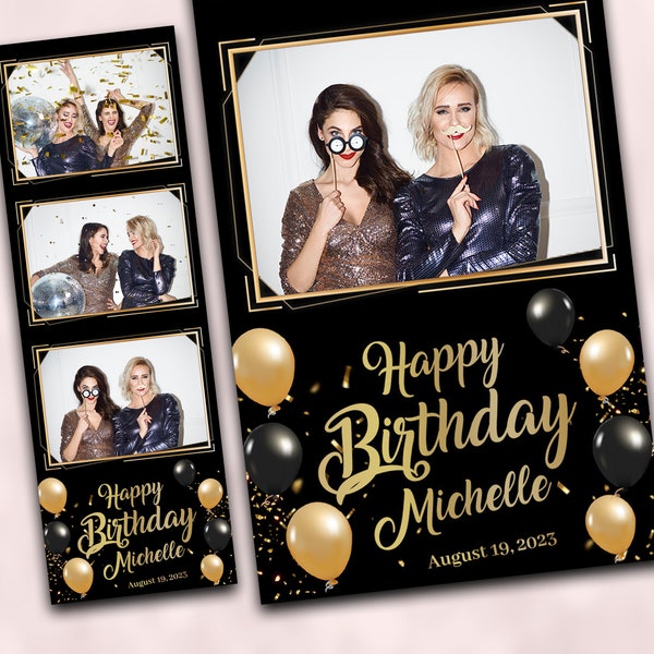 Birthday Photo Booth Template, 2x6 Photobooth template Birthday, Gold Frames Balloons Happy Birthday Design 2x6  Layout Photo Strip Template