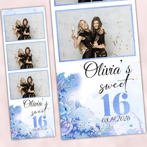 Sweet 16 Photo Booth Template| Light Blue Sweet Sixteen Photobooth | 2x6 Photo Strip Template 16th Birthday | Quinceanera 2x6 3 photo layout