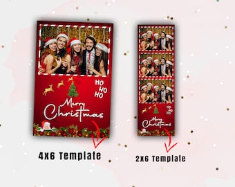 May include: Two photo booth templates with a red background and gold glitter accents. The larger template has four photo strips and the smaller template has two photo strips. Both templates feature a Christmas tree, reindeer, and the text "Merry Christmas" and "Ho Ho Ho".
