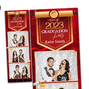 May include: Red and gold graduation photo booth backdrop with a scroll design and the text "Class of 2023 Graduation Party Katie Smith".