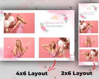 Quinceañera Photo Booth Template - Sweet 16 Photo Booth Template Quinceanera - Happy Birthday Photobooth template - 2x6 and 4x6 layout size